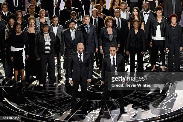 Common & John Legend perform "Glory" from "Selma" onstage during the 87th Annual Academy Awards at Dolby Theatre on February 22, 2015 in Hollywood,...