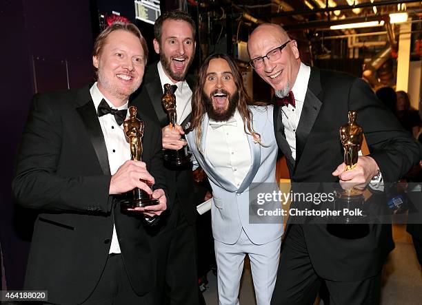 Don Hall, Roy Conli, winners of the Best Animated Feature Award for 'Big Hero 6', actor Jared Leto, and Chris Williams, winner of the Best Animated...