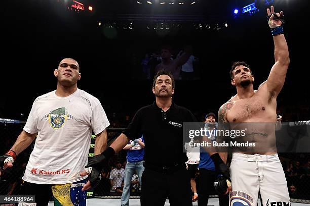 Frank Mir of the United States celebrates after defeating Antonio "Bigfoot" Silva of Brazil c in their heavyweight bout during the UFC Fight Night at...