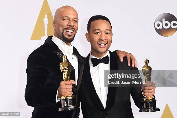 Lonnie Lynn aka Common and John Stephens aka John Legend winners of the Best Original Song Award for 'Glory' from 'Selma' pose in the press room...