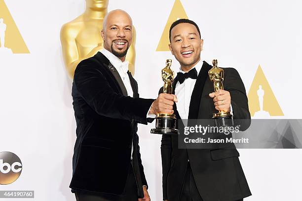Lonnie Lynn aka Common and John Stephens aka John Legend winners of the Best Original Song Award for 'Glory' from 'Selma' pose in the press room...