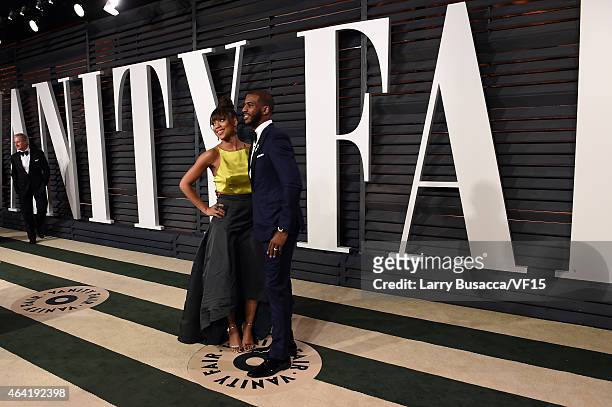 Jada Crawley and NBA player Chris Paul attend the 2015 Vanity Fair Oscar Party hosted by Graydon Carter at the Wallis Annenberg Center for the...