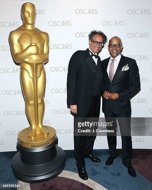 John Dilworth and Patrick Harrison attend the Academy Of Motion Picture Arts And Sciences 87th Oscars Viewing Party And Dinner at Daniel on February...