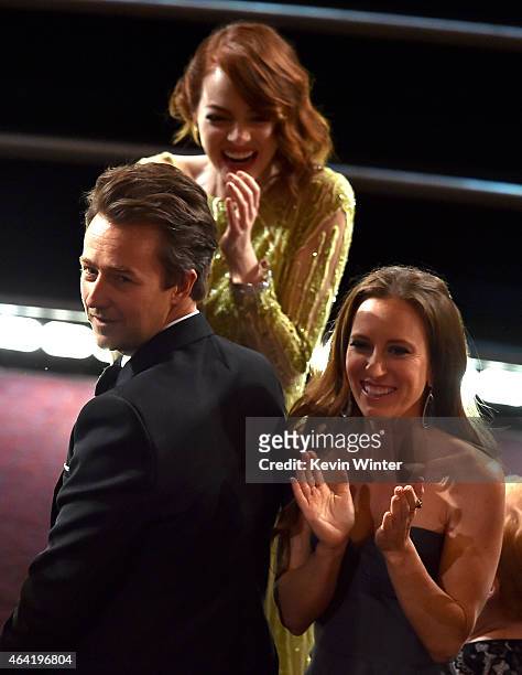 Actor Edward Norton and actress Emma Stone accept the Best Picture award for 'Birdman' onstage with Shauna Robertson during the 87th Annual Academy...