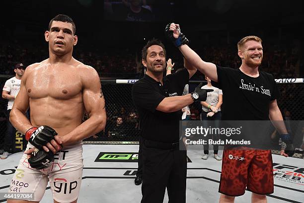 Sam Alvey of the United States celebrates after defeating Cezar Ferreira of Brazil c in their middleweight bout during the UFC Fight Night at...