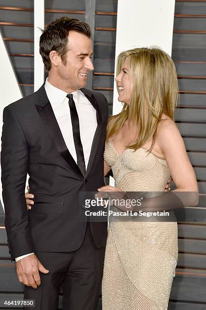 Actors Justin Theroux and Jennifer Aniston attend the 2015 Vanity Fair Oscar Party hosted by Graydon Carter at Wallis Annenberg Center for the...