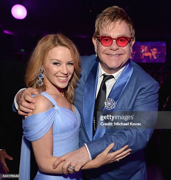 Singer Kylie Minogue and Sir Elton John attend the 23rd Annual Elton John AIDS Foundation Academy Awards Viewing Party on February 22, 2015 in Los...