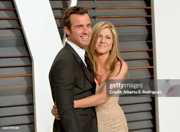 Actors Justin Theroux and Jennifer Aniston attends the 2015 Vanity Fair Oscar Party hosted by Graydon Carter at Wallis Annenberg Center for the...