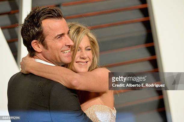 Actors Justin Theroux and Jennifer Aniston attends the 2015 Vanity Fair Oscar Party hosted by Graydon Carter at Wallis Annenberg Center for the...