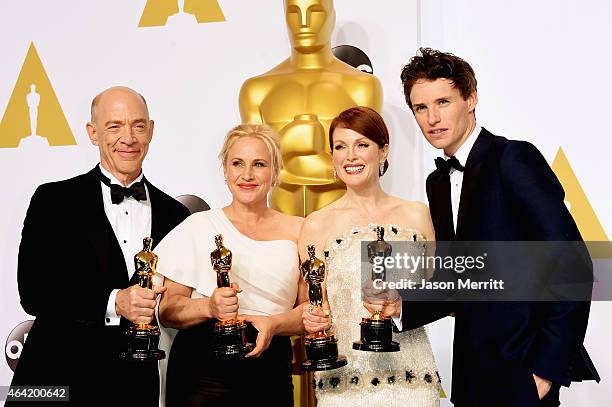 Actors J.K. Simmons, winner of the award for best actor in a supporting role for the film 'Whiplash', Patricia Arquette winner of the award for Best...
