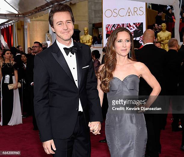 Actor Edward Norton and Shauna Robertson attend the 87th Annual Academy Awards at Hollywood & Highland Center on February 22, 2015 in Hollywood,...