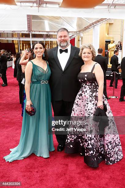 Actress America Ferrera, writer Dean DeBlois, and producer Bonnie Arnold attend the 87th Annual Academy Awards at Hollywood & Highland Center on...