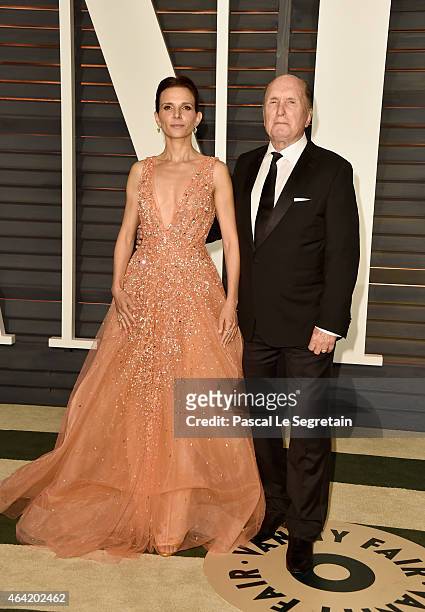 Luciana Pedraza and actor Robert Duvall attend the 2015 Vanity Fair Oscar Party hosted by Graydon Carter at Wallis Annenberg Center for the...