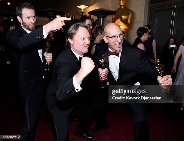 Roy Conli, Don Hall, and Chris Williams, winners of the Best Animated Feature Award for 'Big Hero 6 attends the 87th Annual Academy Awards Governors...