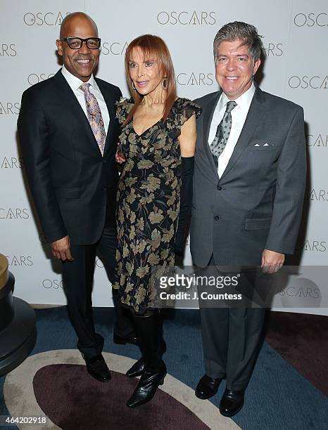 Patrick Harrison, actress Tina Louise and Stephen Valentine attend the Academy Of Motion Picture Arts And Sciences 87th Oscars Viewing Party And...