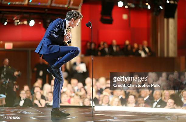 Actor Eddie Redmayne speaks onstage after winning his award for best Actor in a Leading Role during the 87th Annual Academy Awards at Dolby Theatre...
