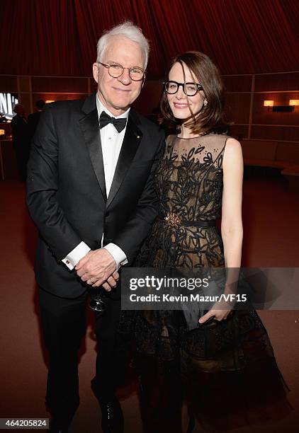 Steve Martin and Anne Stringfield attend the 2015 Vanity Fair Oscar Party hosted by Graydon Carter at the Wallis Annenberg Center for the Performing...