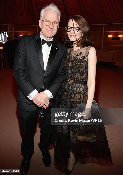 Steve Martin and Anne Stringfield attend the 2015 Vanity Fair Oscar Party hosted by Graydon Carter at the Wallis Annenberg Center for the Performing...