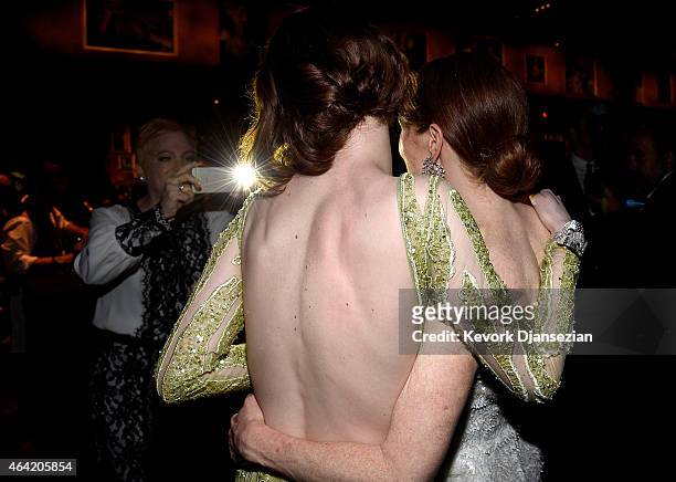 Actresses Emma Stone and Julianne Moore attend the 87th Annual Academy Awards Governors Ball at Hollywood & Highland Center on February 22, 2015 in...