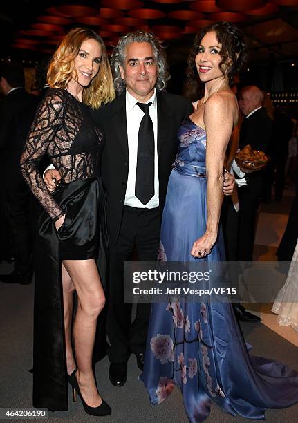 Actress Kelly Lynch, producer Mitch Glazer and actress Minnie Driver attend the 2015 Vanity Fair Oscar Party hosted by Graydon Carter at the Wallis...