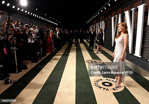 Actress Jessica Chastain attends the 2015 Vanity Fair Oscar Party hosted by Graydon Carter at the Wallis Annenberg Center for the Performing Arts on...
