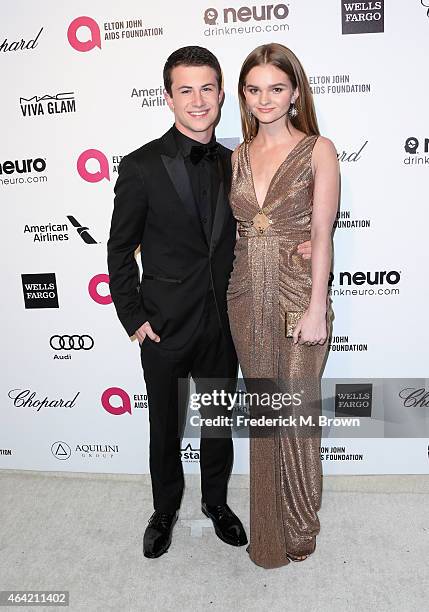 Actors Dylan Minnette and Kerris Dorsey attend the 23rd Annual Elton John AIDS Foundation's Oscar Viewing Party on February 22, 2015 in West...