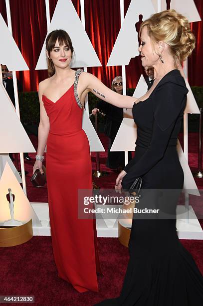 Actresses Dakota Johnson and Melanie Griffith attend the 87th Annual Academy Awards at Hollywood & Highland Center on February 22, 2015 in Hollywood,...