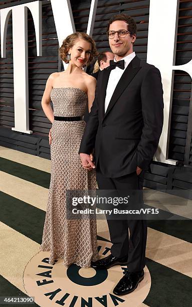 Recording artist Joanna Newsom and actor Andy Samberg attend the 2015 Vanity Fair Oscar Party hosted by Graydon Carter at the Wallis Annenberg Center...