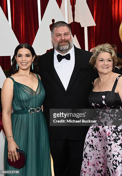 Actress America Ferrera, writer/director Dean DeBlois and producer Bonnie Arnold attends the 87th Annual Academy Awards at Hollywood & Highland...