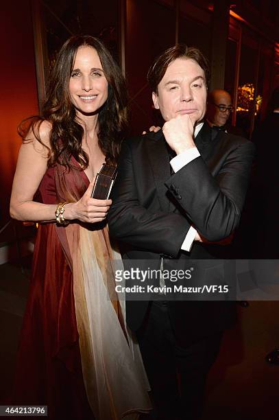Andie McDowell and Mike Myers attend the 2015 Vanity Fair Oscar Party hosted by Graydon Carter at the Wallis Annenberg Center for the Performing Arts...