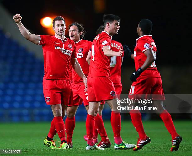 Yann Kermorgant of Charlton celebrates scoring their third goal with team mates during the FA Cup Third Round Replay match between Oxford United and...