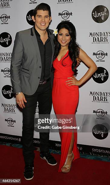 Magician and singer/songwritter Ben Stone and singer Jasmine Trias arrives holding a rescue dog from the NSPCA at "Mondays Dark" charity event to...