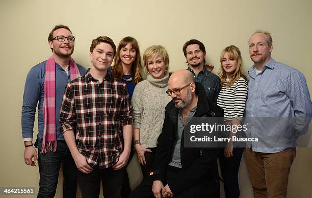 Actors James Adomian, Jake Cherry, Erinn Hayes, and Amy Carlson, filmmaker David Cross, and actors Jason Ritter, Meredith Hagner, and Matt Walsh pose...