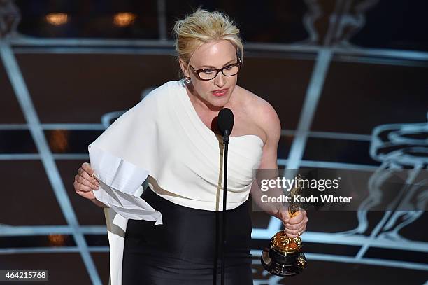 Actress Patricia Arquette accepts the award for Best Actress in a Supporting Role for "Boyhood" onstage during the 87th Annual Academy Awards at...