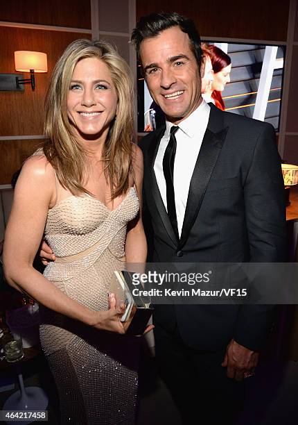 Jennifer Aniston and Justin Theroux attend the 2015 Vanity Fair Oscar Party hosted by Graydon Carter at the Wallis Annenberg Center for the...