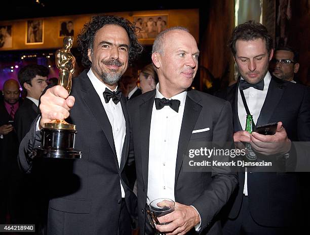 Director Alejandro Gonzalez Inarritu, winner of Best Original Screenplay, Best Director, and Best Motion Picture, for 'Birdman' and actor Michael...