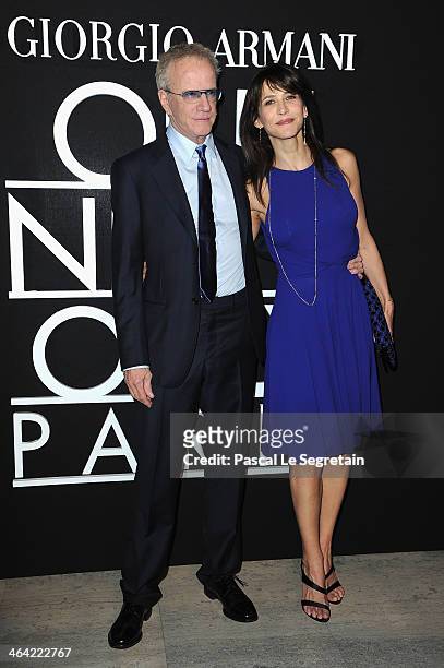 Christophe Lambert and Sophie Marceau attend the Giorgio Armani Prive show as part of Paris Fashion Week Haute Couture Spring/Summer 2014 on January...