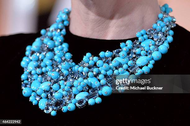 Actress Cate Blanchett, jewelry detail, attends the 87th Annual Academy Awards at Hollywood & Highland Center on February 22, 2015 in Hollywood,...