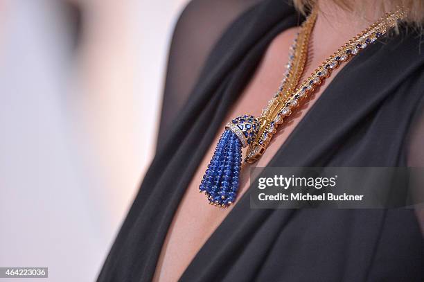 Actress Margot, jewelry detail, Robbie attends the 87th Annual Academy Awards at Hollywood & Highland Center on February 22, 2015 in Hollywood,...