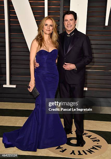 Actors Kelly Preston and John Travolta attend the 2015 Vanity Fair Oscar Party hosted by Graydon Carter at Wallis Annenberg Center for the Performing...