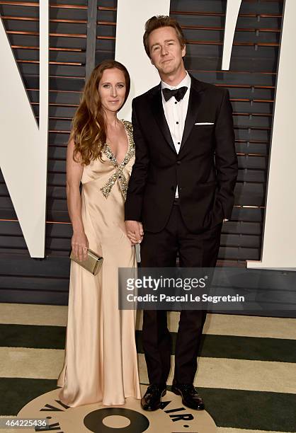 Producer Shauna Robertson and actor Edward Norton attend the 2015 Vanity Fair Oscar Party hosted by Graydon Carter at Wallis Annenberg Center for the...