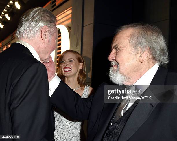 Actor Jon Voight, actress Jessica Chastain, and producer George Schlatter attend the 2015 Vanity Fair Oscar Party hosted by Graydon Carter at the...