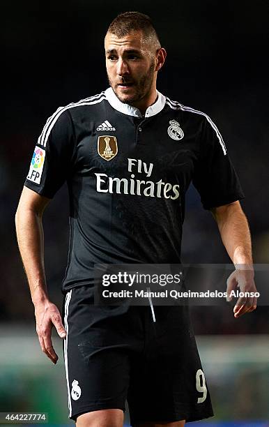 Karim Benzema of Real Madrid looks on during the La Liga match between Elche FC and Real Madrid at Estadio Manuel Martinez Valero on February 22,...