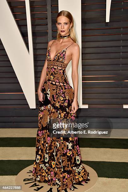 Model Poppy Delevingne attends the 2015 Vanity Fair Oscar Party hosted by Graydon Carter at Wallis Annenberg Center for the Performing Arts on...