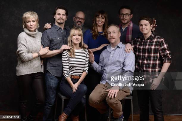 Actors Amy Carlson, Jason Ritter, and Meredith Hagner, filmmaker David Cross, and actors Erinn Hayes, Matt Walsh, James Adomian, and Jake Cherry pose...