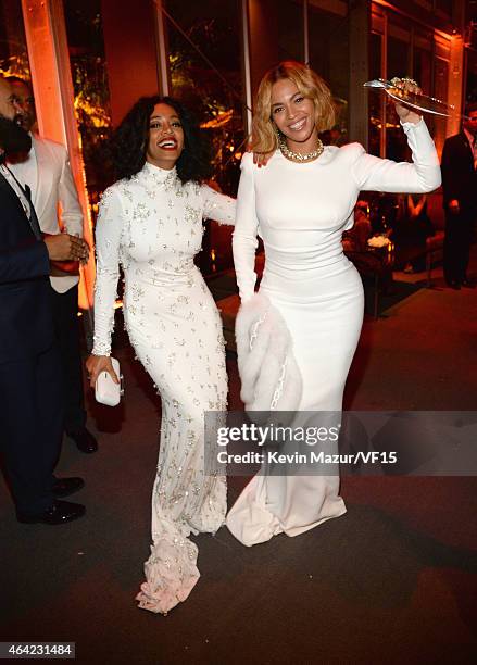 Solange and Beyonce attend the 2015 Vanity Fair Oscar Party hosted by Graydon Carter at the Wallis Annenberg Center for the Performing Arts on...