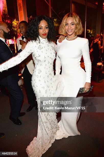 Solange and Beyonce attend the 2015 Vanity Fair Oscar Party hosted by Graydon Carter at the Wallis Annenberg Center for the Performing Arts on...