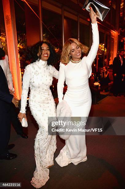 Solange and Beyonce attend the 2015 Vanity Fair Oscar Party hosted by Graydon Carter at the Wallis Annenberg Center for the Performing Arts on...