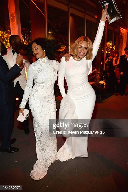 Solange and Beyonce attend the 2015 Vanity Fair Oscar Party hosted by Graydon Carter at the Wallis Annenberg Center for the Performing Arts on...