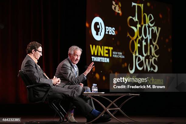 Stephen Segaller, WNET Executive-In-Charge, and writer and presenter Simon Schama speak onstage during the 'The Story of the Jews with Simon Schama'...